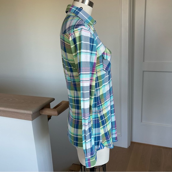 NWT ARNOLD ZIMBERG Women’s Bright Plaid Pullover Stretchy Cotton Shirt, Size S - Picture 3 of 4
